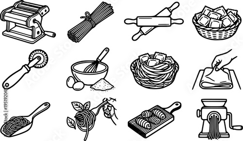 Line art vector kitchen icons showing pasta maker ravioli stamp rolling pin boiling pot cheese wedge grater fork twirling spaghetti