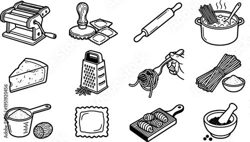 Line art close up pasta machine rolling pin and pasta tools with hand twirling spaghetti on white minimalist vector illustration