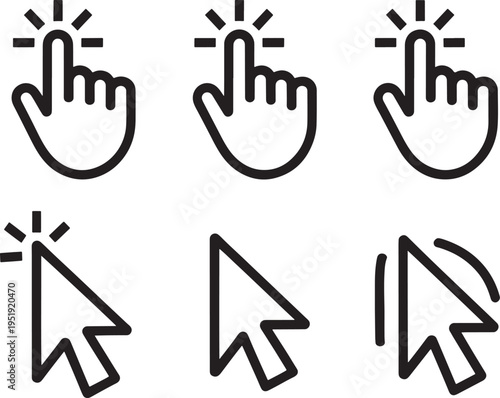 Vector illustration set of six cursor icons: three hand pointers and arrow cursors, indicating selection and interaction in digital design