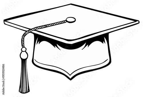 Black and white line art illustration of a graduation cap mortarboard for commencement and success
