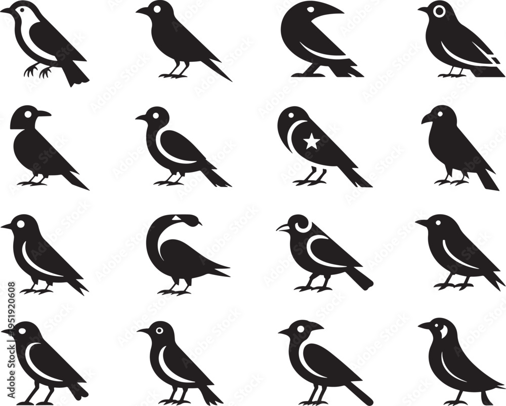 Fototapeta premium Collection of black silhouette vector illustrations of various bird species in different poses and orientations
