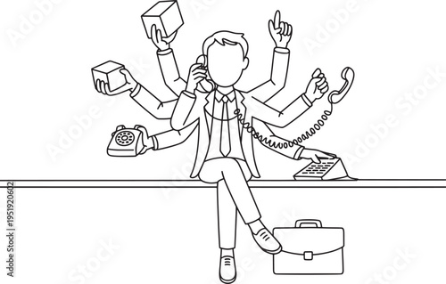 Vector illustration of a multitasking businessman with multiple arms juggling tasks, calls, and boxes in a busy work environment