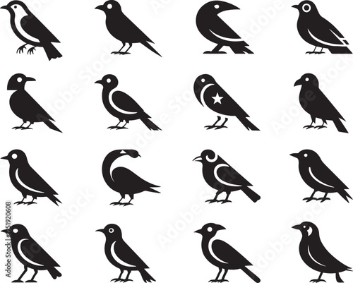 Collection of black silhouette vector illustrations of various bird species in different poses and orientations