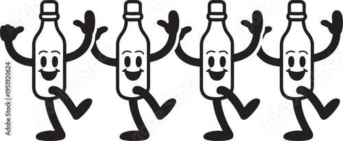 Vector illustration of happy cartoon bottles dancing and celebrating, representing joy and a festive atmosphere, vector art