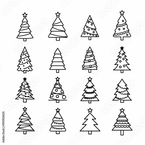 Collection of Graphic Christmas Trees for Festive Designs Thematic Holiday Season Celebrations Winter Holiday Greetings and Decorations Black Line Drawing Style Holiday Season Decorative