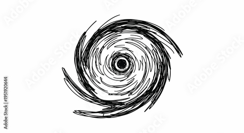 A dark swirling vortex design showcases circular motion and energy resembling a cosmic black hole or a stylized hurricane exhibiting dynamic rotation and visual depth within its spiraling form