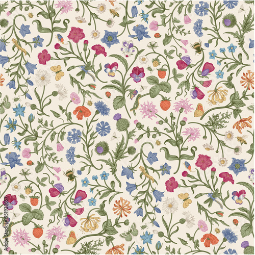 Flowers of the Meadow. Vintage seamless floral pattern. Inspired by hand embroidery. Colorful