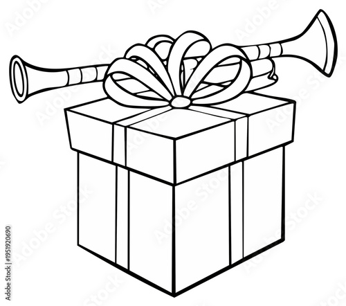 Hand Drawn Illustration of a Wrapped Gift Box with a Trumpet and Bow