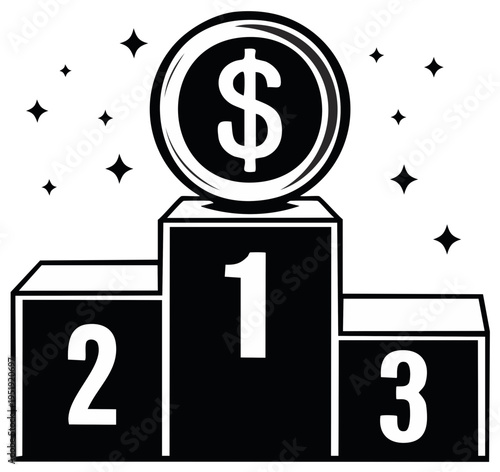 Podium with dollar coin illustrating financial success and achievement