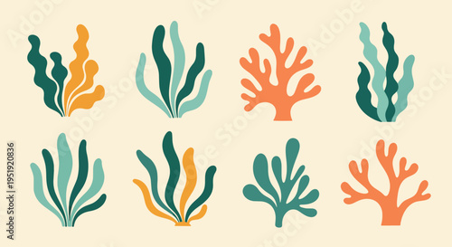 Botanical Set Showing Seaweed and Coral Shapes in Green Orange and Yellow on a Creamy Surface Perfect for Summer Arts and Crafts Projects Textile Print Designs and Natural Decoration
