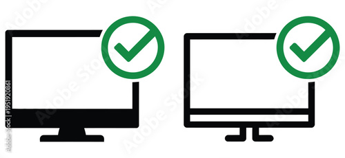 Computer with check mark icon, system verification symbol, successful process confirmation, approved status, and digital security concept vector