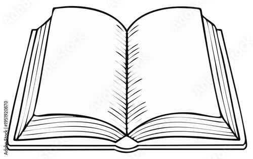 Open hardcover book with blank pages, simple black and white line art illustration