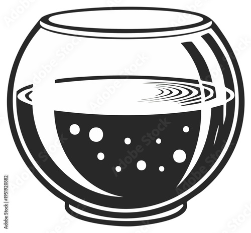Black and white graphic of a round fish bowl with water and bubbles
