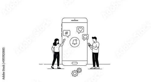 Vector illustration of people interacting with a large smartphone