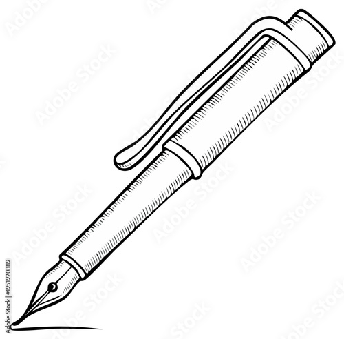 Elegant fountain pen drawing writing a single line with a fine nib and clip