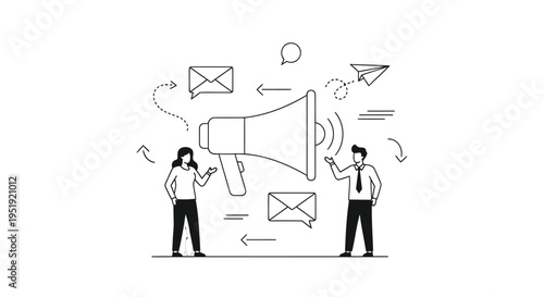 Vector illustration of business people communicating with megaphone and email icons