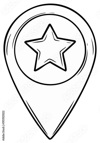 Hand-Drawn Location Pinpoint with Star Symbol Inside for Rating and Navigation