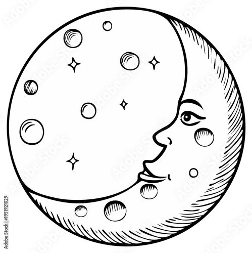 Vintage celestial moon face illustration with a dreaming expression and starry cosmic details