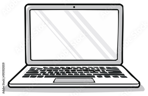 Illustration of a modern laptop, showing the screen, keyboard and trackpad, simple graphic drawing