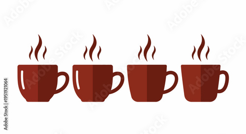 A set of cups are arranged in a row each emanating steam from their warm contents creating a cozy and inviting scene perfect for advertising cafes and warm beverages for consumers to enjoy