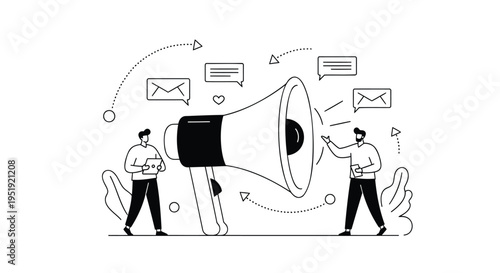 Vector illustration of two businessmen with megaphone and speech bubbles