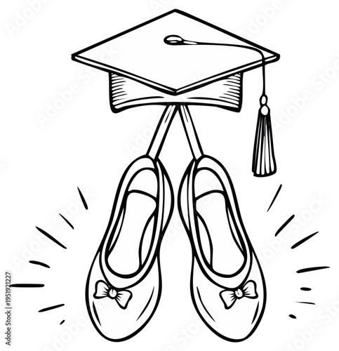 Dancer graduation concept with mortarboard cap and hanging ballet shoes line art