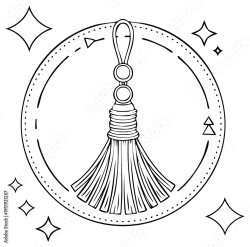 Decorative tassel ornament with sparkling stars and geometric circle frame in monochrome line art style
