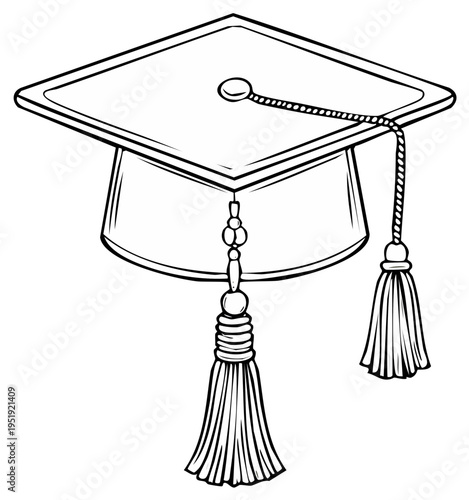 Black and white line art drawing of a graduation cap with tassel symbolizing academic achievement and success