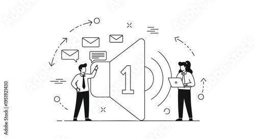 Vector illustration of people communicating with megaphone and laptop