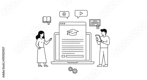 Vector illustration of people learning online with laptop and mobile