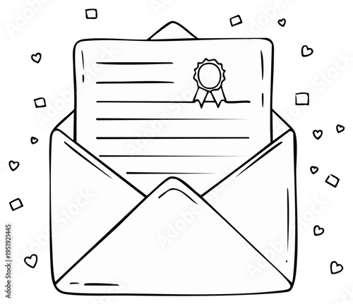 Line art of a congratulatory award letter in an open envelope with hearts and confetti doodles