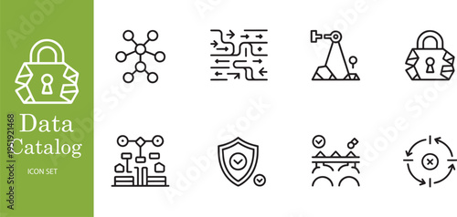 Data Catalog and Information Security Compliance Linear Icon Set
