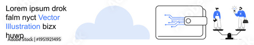 Digital transactions, cloud storage, fintech, data synchronization, legal scales, cybersecurity. Minimal digital wallet connected to cloud and weighing scales. Digital transactions and cloud storage