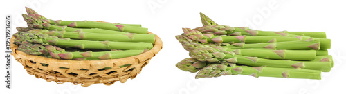 fresh asparagus in in a wicker basket isolated on white background