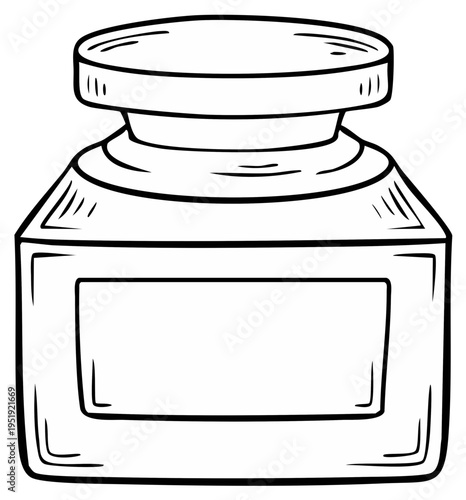 Black and white line art illustration of a vintage inkwell or cosmetic jar with a blank label