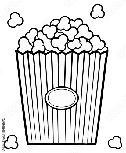 Line Art Illustration of a Popcorn Box with Scattered Kernels