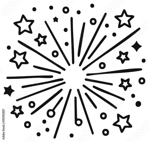 Hand drawn starbursts and circles explode outwards from center a festive celebratory pattern
