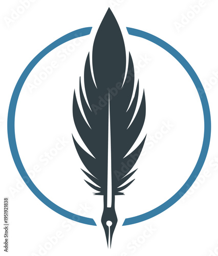 Elegant feather quill pen with an ink nib tip inside a blue circle vector logo for writers and authors