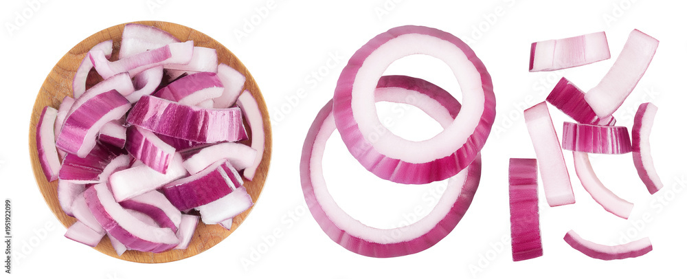 Fototapeta premium Red onion slices in wooden bowl isolated on a white background. Top view. Flat lay