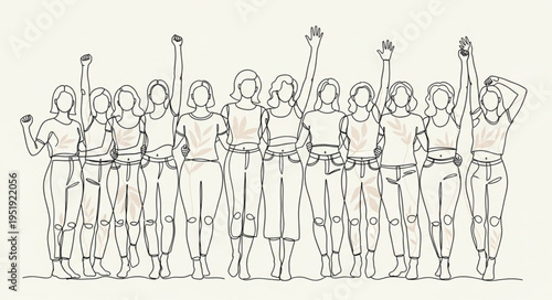 Line Art Depiction of a Group of People with Raised Arms.
