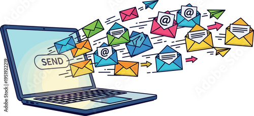 A laptop computer sending colorful emails on transparent background