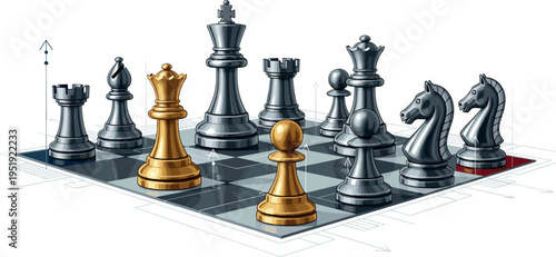 A chessboard with gold and silver pieces on transparent background