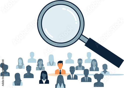 A magnified view of a businessman standing out from a crowd on transparent background
