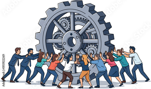 A diverse group of businesspeople working together to turn a large gear on transparent background