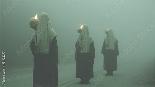 Women wearing cloaks and veils holding burning floral torches in thick fog. Mysterious group walking through misty landscape. Symbolic ritual, fantasy storytelling, concept of cult.