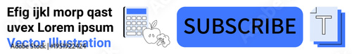 Digital marketing, subscription services, education, branding, website design, advertising. Blue subscribe button alongside calculator, apple and text elements. Digital marketing and subscription