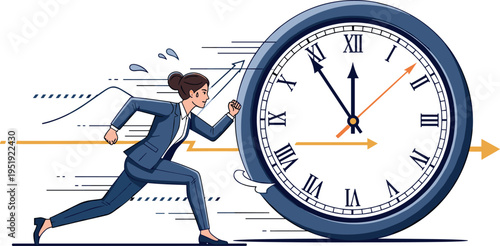A businesswoman in a suit runs next to a large clock on transparent background