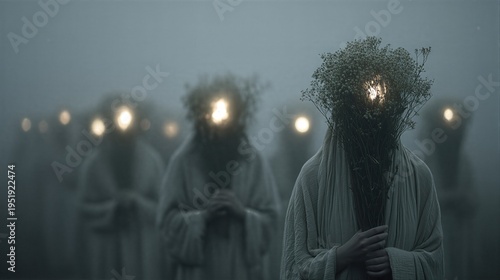 Woman standing in fog holding bouquet of flowers with hidden glowing light behind face. Surreal mystery concept. Spiritual path or ritual ceremony scene. Eerie atmospheric nature lighting.