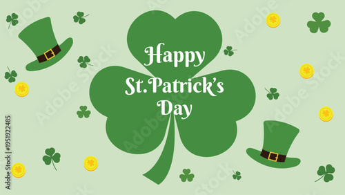 Happy St. Patrick's Day shamrock vector. Features leprechaun hats and gold coins for festive holiday celebration greeting.