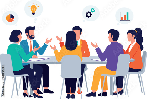 A diverse group of business professionals engaged in a meeting on transparent background